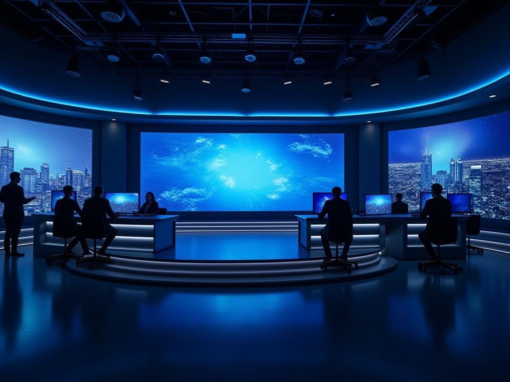 Panoramic view of a news broadcasting studio at night.